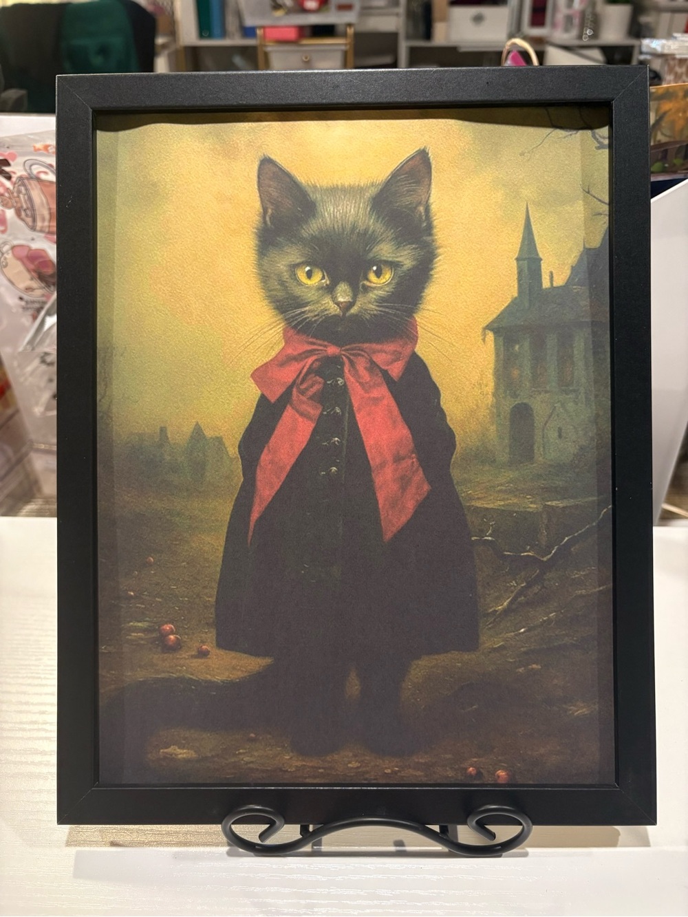 Framed Black Cat Portrait 8x10 Art Print with Red Bow